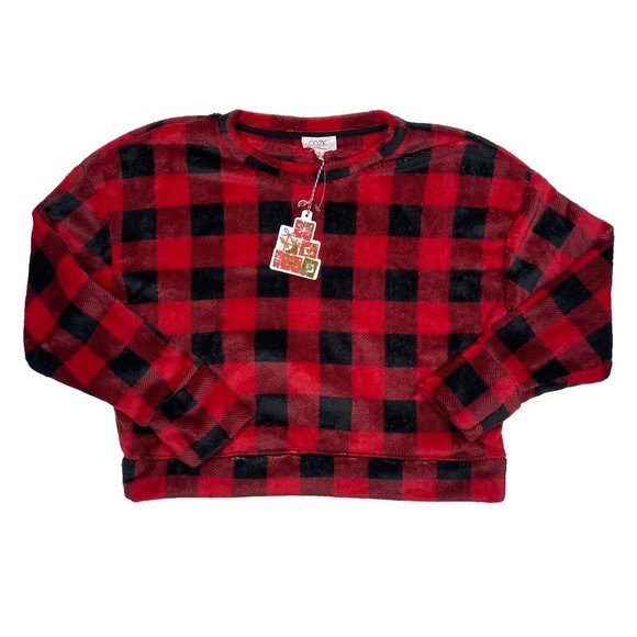 Cozie By Pink Rose Sweater Women’s Size Medium Red Black Plaid Soft Holidays NEW - Picture 1 of 10